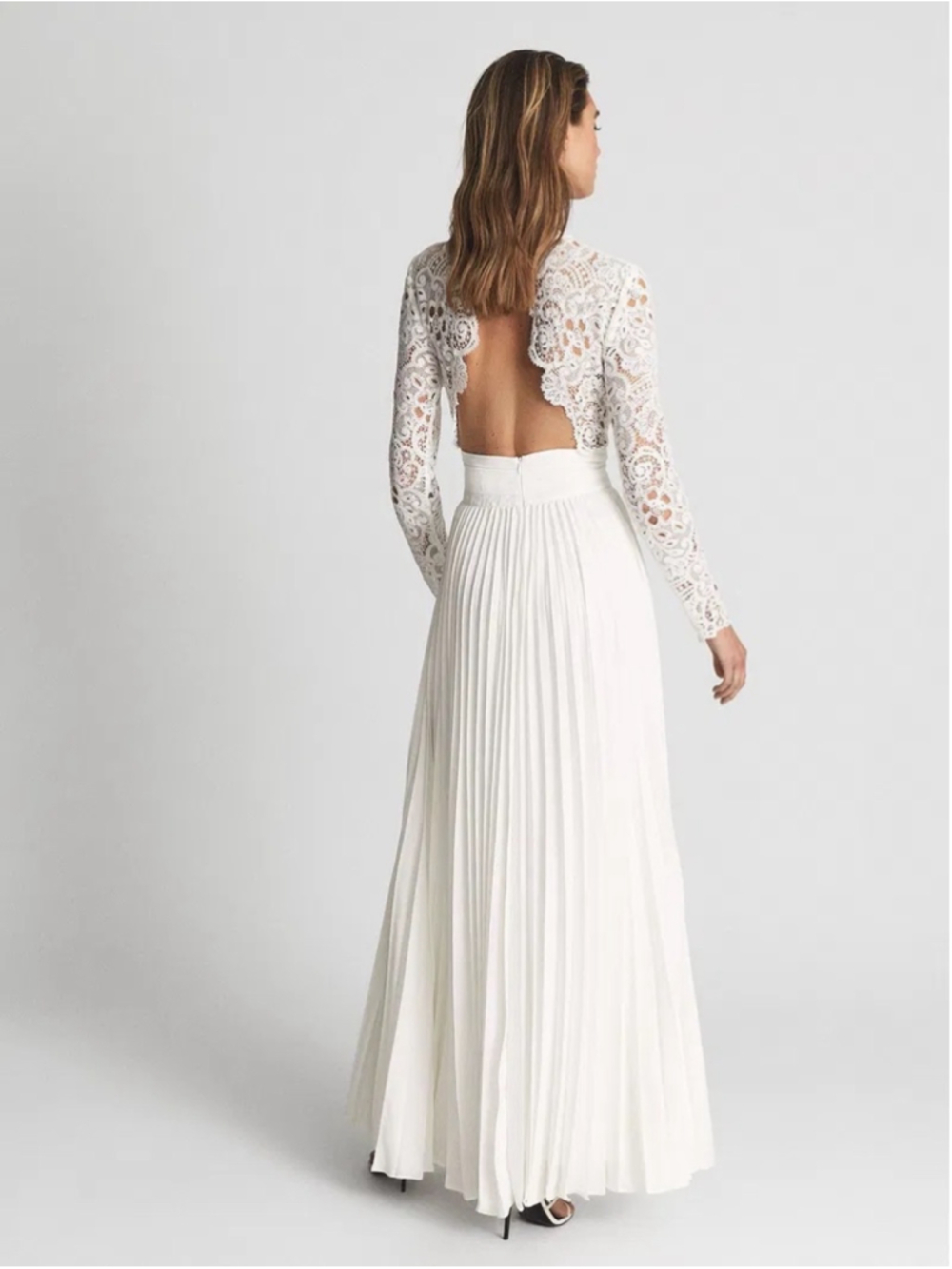 Women's Reiss White Long Sleeve Lace Pleated Maxi Dress Size 4 - Picture 4 of 10